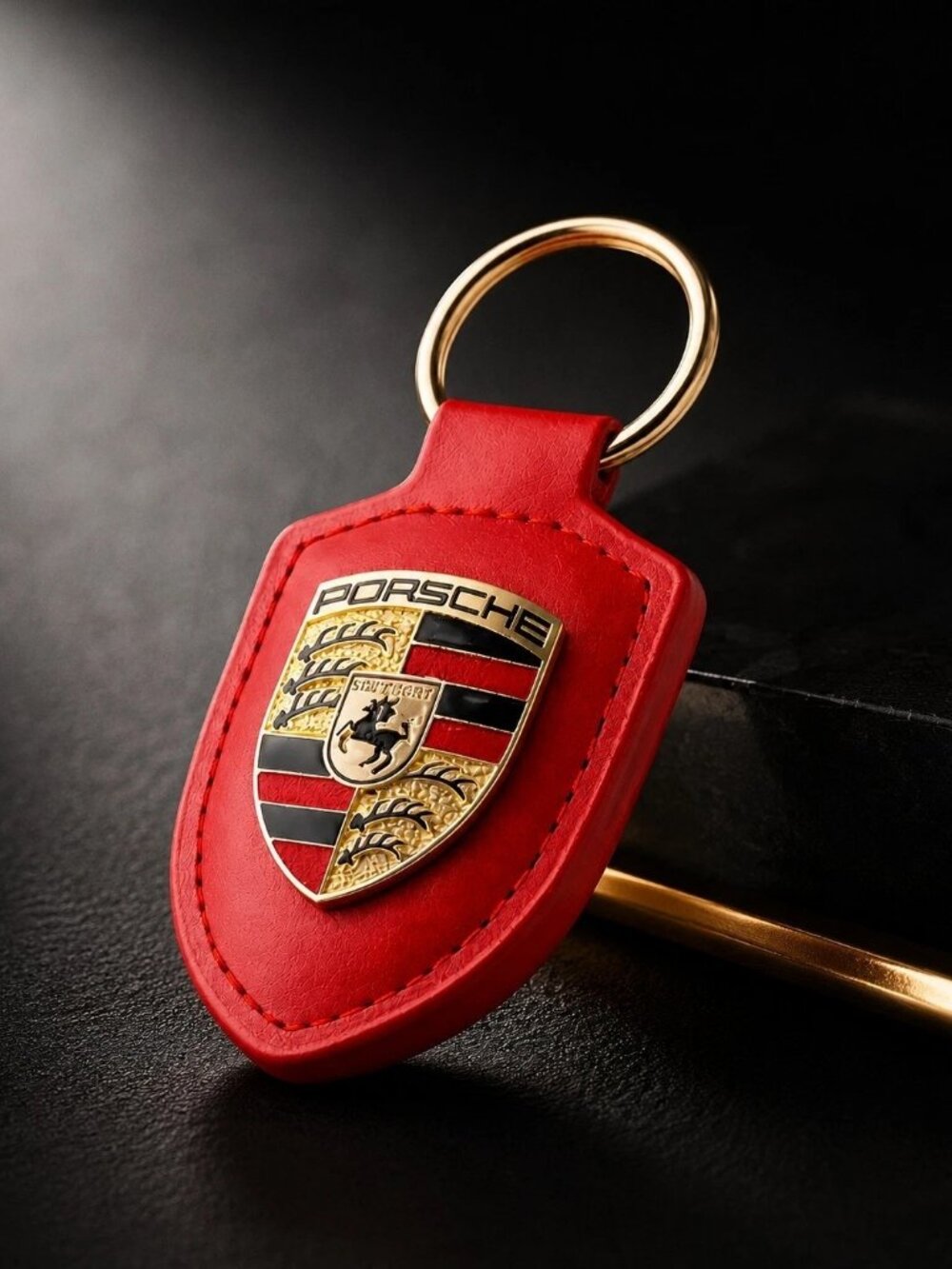 New Genuine Porsche OEM Red Leather Crest Key Ring Fob Chain Luxury Keychain